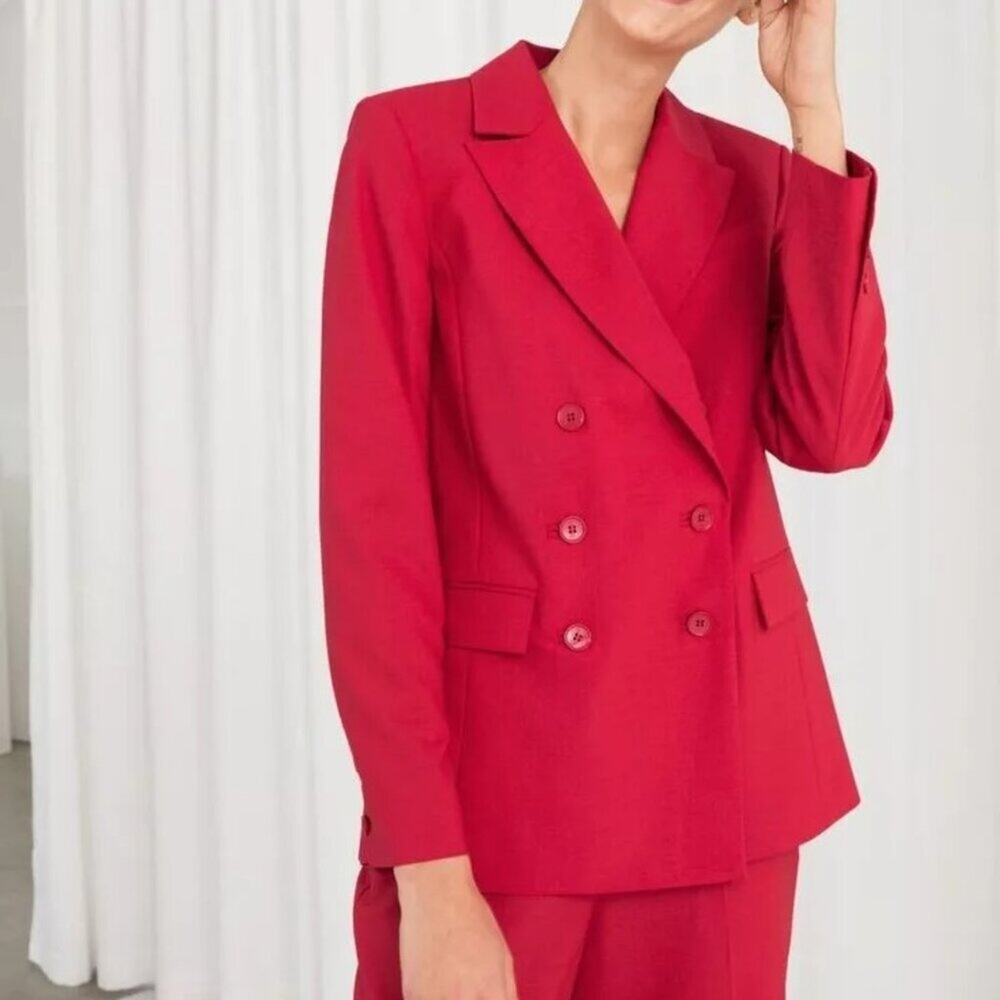 & Other Stories Double Breasted Blazer SIZE 6 Red Long Padded Shoulder NWOT